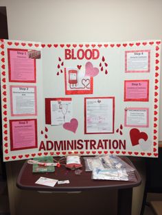 a bulletin board with information about blood and other medical supplies on it's side