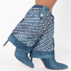 These Western Denim Boots With Rhinestones And Pearl Accents Are Super Cute And Sexy Fit And Details Approx. Measured From A Women’s Size 8: - Mid Calf Height Shaft - Pointed Toe - Stiletto Heel - Rhinestone Exterior - Denim Upper - Step In Fit - 9.5” Shaft Height - 4.5” Heel Height #Denim #Western #Rhinestones Blue Pointed Toe Boots With Rhinestones, Spring Blue Boots With Rhinestones, Blue Rhinestone Boots With Pointed Toe, Blue Rhinestone Boots For Spring, Blue Rhinestone Pointed Toe Boots, Denim Pointed Toe Boots For Party, Denim Blue Pointed Toe Party Boots, Blue High Heel Boots With Rhinestones, Party Denim Blue Pointed Toe Boots