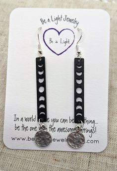 Long black phases with silver moon below. Dramatic and romantic earrings. Perfect gift for a moon lover, girlfriend, daughter, mom. Lightweight. Sterling silver hooks. (Leverback closures or clip-ons can be used if requested.) Romantic Earrings, Light Jewelry, Silver Handmade Jewelry, Moon Moon, Phases Of The Moon, Jewelry Minimalist, Moon Lovers, Long Drop Earrings, Silver Moon