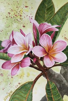 a painting of pink flowers with green leaves