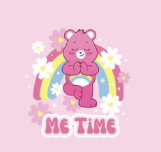 a pink teddy bear sitting on top of a rainbow with flowers and stars around it