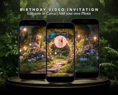 three smartphones displaying the birthday video in front of green plants and lights, with an image of a fairy tale