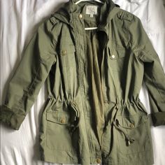 Beautiful Green Colored Cargo Jacket. Brass Detailing Soft Inner Lining. Brand New Condition. Never Worn. Green Spring Parka With Pockets, Spring Utility Jacket For Cold Weather With Pockets, Green Utility Parka For Spring, Olive Utility Outerwear For Spring, Spring Parka With Pockets For Cold Weather, Khaki Utility Jacket For Spring Cold Weather, Casual Spring Utility Jacket For Cold Weather, Cargo Jacket, New Look