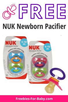 two nuk newborn pacifiers with the text free next to it and an image of