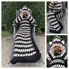 a collage of photos shows a person in a black and white crocheted cat sweater