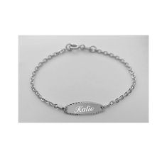 This personalized sterling silver baby ID bracelet can be engraved with on the front and back with a name and date. Our engraved baby bracelets make perfect personalized gifts for a baby showers, Baptisms, Christenings or as newborn gifts for the newest addition to your family or friends Material: Sterling Silver Chain-type: Rollo   Length: 6 inches  Clasp: Lobster claw clasp Maximum amount of characters allowed: 10  Upon purchase you can send the text you would like engraved along with the font style in a message. If the engraving is too long or needs to be revised in any way, you will be contacted in a reply message with the revision that is required. You can also send a message prior to purchase to discuss the engraving you would like. Personalized Adjustable Oval Jewelry, Engraved Oval Silver Bracelets, Customizable Classic Sterling Silver Name Bracelet, Classic Customizable Sterling Silver Name Bracelet, Classic Sterling Silver Custom Name Bracelet, Engraved Oval Sterling Silver Bracelets, Engraved Sterling Silver Oval Bracelet, Engraved Oval Sterling Silver Bracelet, Classic Adjustable Name Bracelet With Polished Finish