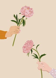 two hands are holding pink flowers in front of each other