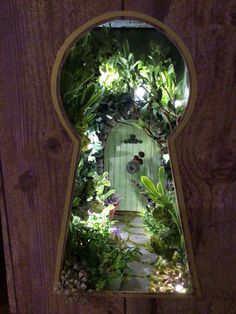 an open door to a garden with lots of plants