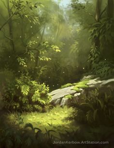 a painting of a forest with rocks and plants