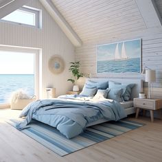 a bedroom with white walls and blue bedding on the floor next to an open window