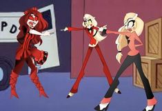 three cartoon characters dressed in red and black