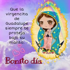 an image of the virgin mary in spanish on a cloud background with words written below