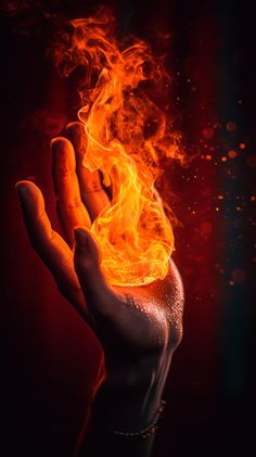 a person holding out their hand with fire in the air above it, on a dark background