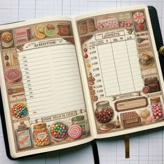 an open book with candy and candies on it, sitting on a table next to a pen