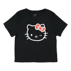 This women's junior' cropped boyfriend-fit t-shirt is made from 100% cotton, providing a soft and comfortable feel for everyday wear. The short-sleeve, crewneck design offers a relaxed fit, perfect for casual outings or lounging. The front of the shirt features a minimalist graphic of Hello Kitty's face, outlined in white, with her iconic red bow standing out as the only filled-in detail. The simple yet stylish design makes it easy to pair with various outfits, adding a subtle touch of Hello Kit Hello Kitty Hoodie, Face Outline, Hello Kit, Y2k Tops, Dream Outfits, T Shirt Png, Crewneck Design, Cute Crop Tops, Girl Sweatshirts