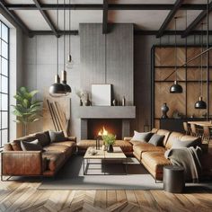 a living room filled with furniture and a fire place in the middle of the room