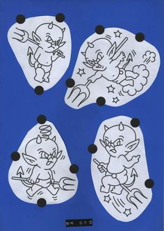 four pieces of paper cut out to look like cartoon characters