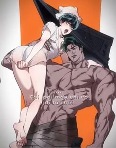 an anime scene with a naked woman and a man in the foreground, text reads