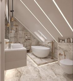 an attic bathroom with marble floors and walls