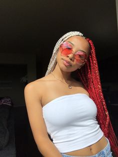 Half Colored Box Braids, Red Braids, Sunglasses For Your Face Shape, Half And Half Hair, Colored Box Braids, Cute Box Braids, Blonde Box Braids, Colored Braids, Long Box Braids