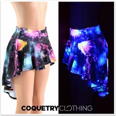 "This item is made to order, please read all the way through the listing before purchasing! This bright galactic skirt is made of stretchy UV Glow galaxy print spandex. Flirty and twirly, with lots flouncy bouncy movement! Skirt measures 10\" in front and 22\" in back. Womens Sizing (See below for instructions on where measurements should be taken) XXS: Bust 29\"-30\" / Waist 22\"-23\" / Hips 30\"-32\" Extra Small: Bust 31\"-32\" / Waist 24\"-25\" / Hips 33\"-35\" Small: Bust 33\"-34\" / Waist 2 Womens Punk Fashion, Glow Party Outfit, Galaxy Outfit, Women Christmas Gifts, Galaxy Fashion, Festival Skirts, Women Fashion Edgy, Galaxy Print, Rave Festival