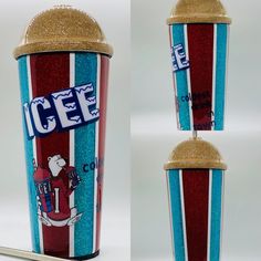 the ice cream cup is decorated with glitters