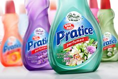 several different types of detergents on a white surface with the words pratie printed on them