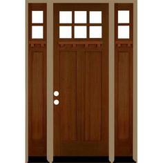 a wooden door with two sidelights on the top and bottom panels, in front of a white background