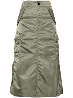 khaki panelled design pleated skirt gathered detailing belt loops two side flap pockets two side cargo pockets front button and zip fastening rear elasticated waistband strap detailing mid-rise mid-length Office Maxi Skirt, Khaki Knee-length Skirt With Pockets, Khaki Midi Skirt With Pockets, Khaki Cargo Skirt With Side Pockets For Work, Khaki Cargo Skirt With Side Pockets, Military Style Khaki Cargo Skirt With Pockets, Military Style Khaki Cargo Skirt, Midi Skirt Green, Khaki Skirt