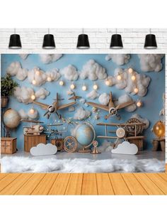 an image of a room with clouds and planes on the wall in front of it