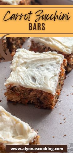 carrot bar with cream cheese frosting on top and text overlay that reads carrot benedict bars