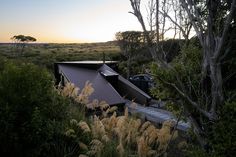 a house in the middle of a field with trees and bushes around it at sunset