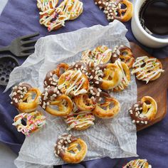 chocolate covered pretzels with sprinkles and coffee