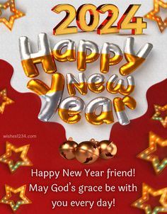 a happy new year card with gold stars and balloons on it's red background