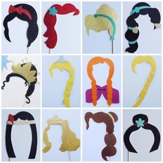 several different types of wigs with bows and bow ties on them, all made out of felt