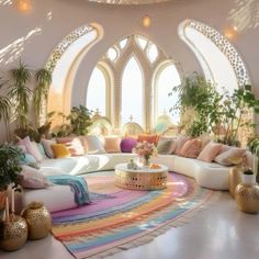 a living room filled with lots of furniture and plants on top of a rug covered floor