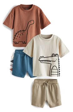 Brown Dinosaur, 3d Dinosaur, Blue Jersey, Boys Top, T Shirt And Shorts, Drawstring Shorts, Browning, Shorts Set