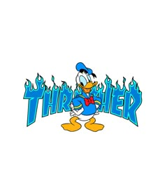 an image of donald the duck with fire on it's head and blue flames coming out