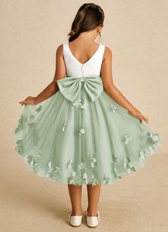 Sprout combines an enchanting A-line shape with a blend of tulle and matte satin. Its sweet scoop neckline and elegant V-back are complemented by a charming zipper closure and adorable bows, creating a delightful look for any little girl on a special occasion. This dress is not only perfect for a flower girl at a wedding but also versatile enough for other special occasions. Sage Flower Girl Dress, Green Flower Girl Dresses, Tea Length Flower Girl Dress, Tea Length Tulle, Dusty Sage, Military Ball Dresses, Special Event Dresses, Lace Bride, White Flower Girl Dresses