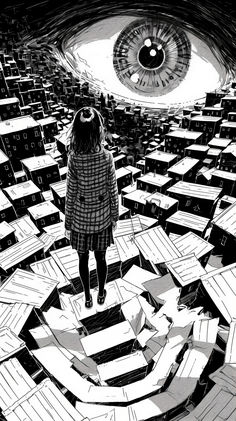 a woman standing in front of an eye looking at the ground with boxes all around her