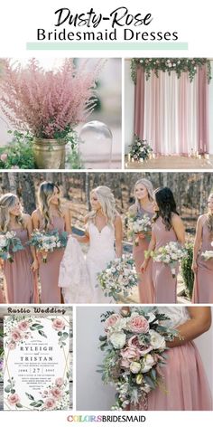 bridesmaid dresses with pink flowers and greenery in the center, along with other photos