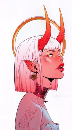 a drawing of a woman with horns and piercings on her head, wearing pink hair