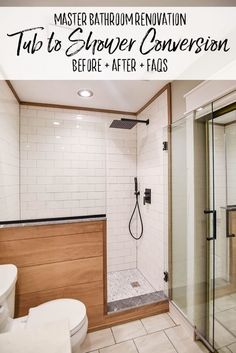 a bathroom with a shower, toilet and sink in it that has the words master bath remodel convention