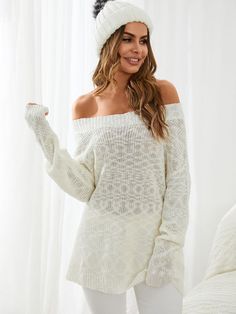 Solid Drop Shoulder Off-shoulder Loose Knit Sweater White Knit Off-shoulder Tops, Stretch Knit Off-shoulder Sweater, White Off-shoulder Knit Top, White Off-shoulder Fall Sweater, Winter Off-shoulder Knit Sweater Dress, Casual Off-shoulder Sweater Dress For Spring, Cozy Off-shoulder Winter Tops, Open Knit Sweater Dress For Fall, Soft Knit Off-shoulder Sweater