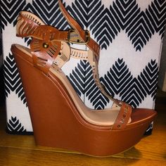 From Charlotte Russe (Bumper Shoes) Size 8 Cognac Colored Wedges With Accents Never Worn Retro Brown Synthetic Heels, Heels Ideas, Colorful Wedges, Leopard Print Wedges, Extreme High Heels, Black Leather Wedges, Tan Wedges, High Wedges, Sandal Platform