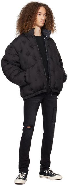 Insulated quilted polyester taffeta puffer jacket. Logo embroidered throughout. Reverse in black polyester taffeta. Logo graphic pattern printed throughout. · Stand collar · Zip closure · Welt pockets · Bungee-style drawstring at elasticized hem · Logo patch at elasticized cuffs · Welt pockets at interior Supplier color: Black Streetwear Quilted Down Puffer Jacket, Quilted Down Puffer Jacket For Streetwear, Oversized Nylon Puffer Jacket For Streetwear, Streetwear Quilted Nylon Jacket With Padded Collar, Streetwear Quilted Nylon Puffer Jacket, Black Quilted Outerwear For Streetwear, Quilted Down Streetwear Outerwear, Oversized Quilted Puffer Jacket For Streetwear, Trendy Quilted Puffer Jacket For Streetwear