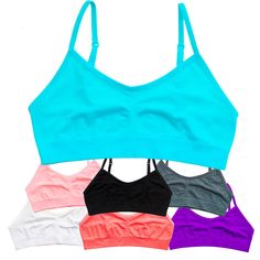 four bras in different colors on a white background