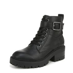 PRICES MAY VARY. Moto-inspired ankle boot VEGAN Faux-leather upper Side zipper entry Lace-up front, decorative metal buckle Lug Sole Booties, Lug Boots, Western Ankle Boots, Lug Sole Boots, Lace Up Combat Boots, Decorative Metal, Chunky Platform, Lug Sole, Black Booties