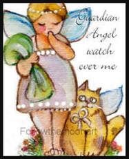 a card with an angel holding a green bag next to a cat