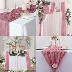 the table is decorated with pink flowers and greenery, along with white linens